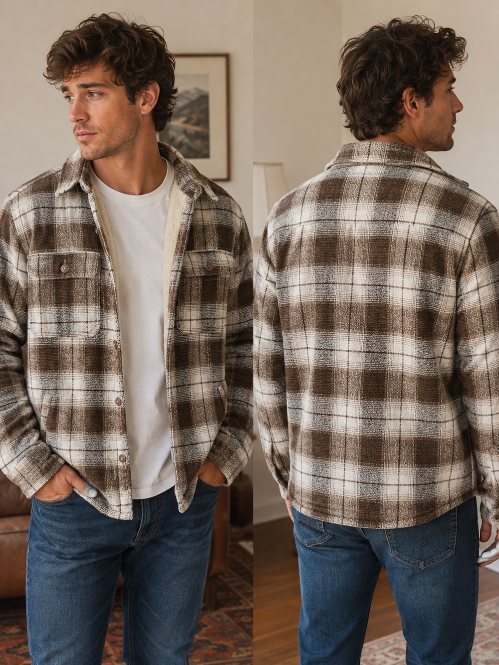 Men's Brown Plaid Sherpa Puffer Shacket Jacket
